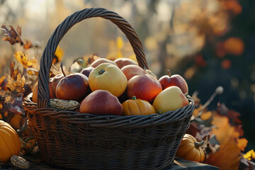 A basket full of fruit and vegetables for Thanksgiving. AI generative.