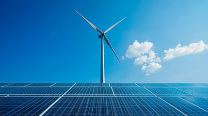 Solitary wind turbine stands proudly amidst a field of solar panels under a sunny sky with scattered clouds