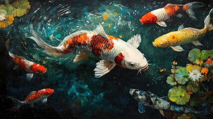 A large, majestic Koi carp swimming among smaller fish, its vivid colors making it stand out in the pond.
