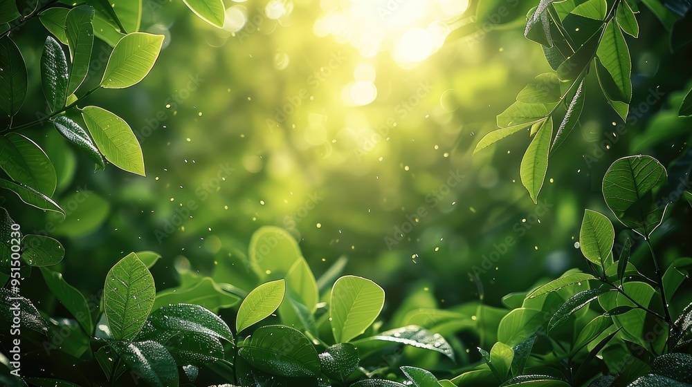 Poster a nature-inspired background with lush greenery, soft sunlight filtering through leaves, and natural