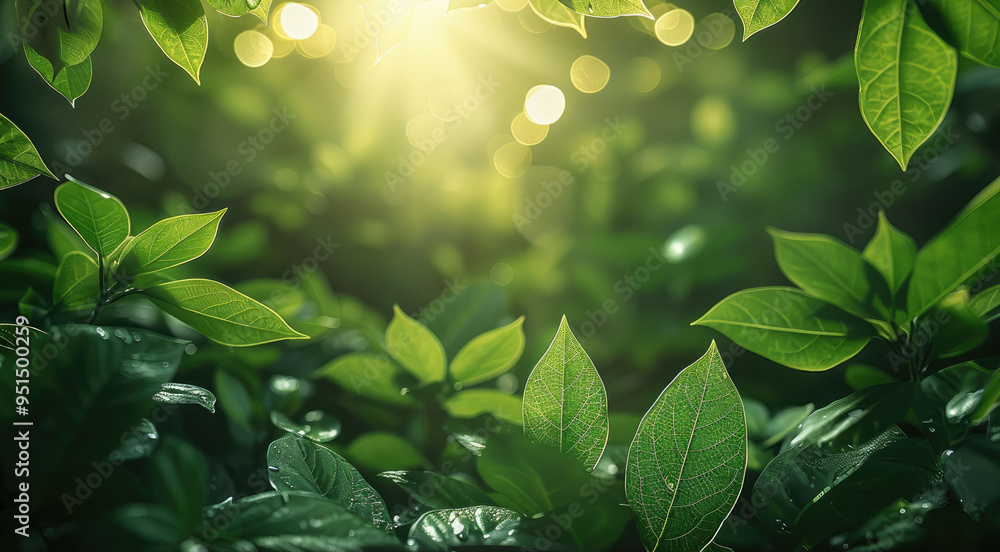 Poster a nature-inspired background with lush greenery, soft sunlight filtering through leaves, and natural