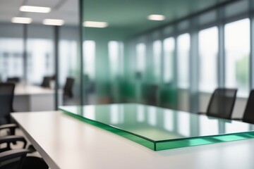 A green blurred office interior featuring a desk with a laptop and computer, complete with a chair, monitor, keyboard, and other workspace essentials