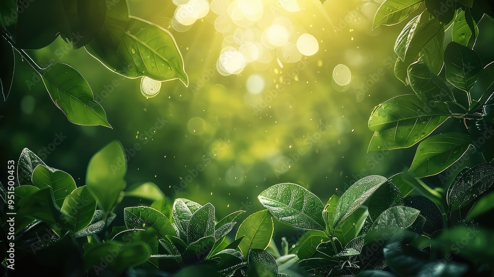 Poster a nature-inspired background with lush greenery, soft sunlight filtering through leaves, and natural