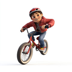 3D character, a boy doing a trick on a BMX cycle, against a solid white background