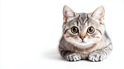 Curious Gray Tabby Cat Lying Down with Intense Gaze