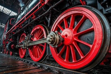 Close-up of a Red Steam Locomotive Wheel on Tracks