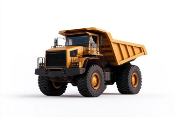 A detailed view of a heavy-duty dump truck in yellow color, ideal for construction and mining applications.