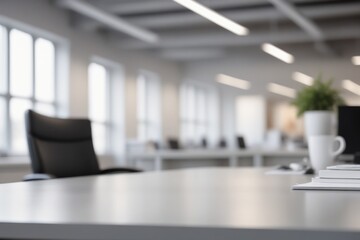 A silver blurred office interior featuring a desk with a laptop and computer, complete with a chair, monitor, keyboard, and other workspace essentials