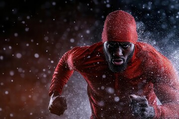 A determined athlete running through a snowy landscape, showcasing strength and endurance in extreme weather conditions.