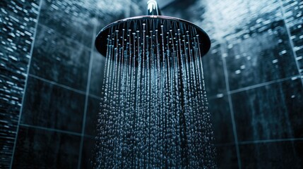 A luxurious shower scene with water droplets falling from a rainfall showerhead, set against a backdrop of sleek, dark tiles.