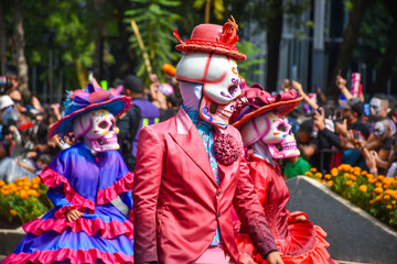 Day of the dead parade in Mexico city, Catrinas with colorful costumes in an exciting tradition