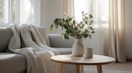 A minimalist Scandinavian living room with a wide gray sofa draped in cozy blankets, a wooden coffee table with a vase of flowers in the center, and clean, neutral decor.