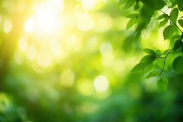 Fototapeta premium Blur background of sunlight filtering through a dense green forest, highlighting the tranquility and natural beauty. Peaceful woodland scene. with generative ai