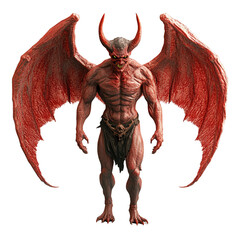 A menacing red demon with large wings and horns stands intimidatingly, showcasing a muscular physique and fearsome presence. © North