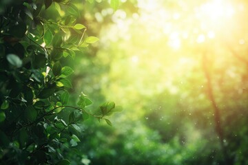 Blur background of sunlight filtering through a dense green forest, highlighting the tranquility and natural beauty. Peaceful woodland scene.  with generative ai