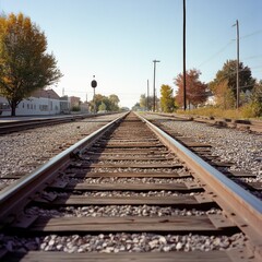 Fototapeta premium A pair of railroad tracks converging in the distance, with a train station visible in the background