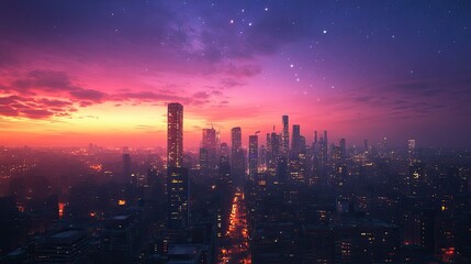Fototapeta premium A panoramic view of a city skyline at dusk, with a dramatic gradient sky and the first stars appearing above the glowing metropolis.