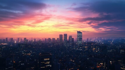 Obraz premium A panoramic view of a city skyline at dusk, with a dramatic gradient sky and the first stars appearing above the glowing metropolis.