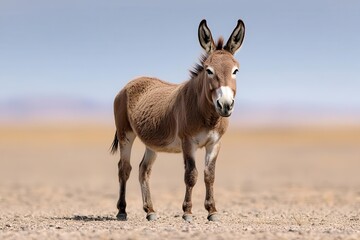 Naklejka premium A graceful donkey stands in a vast desert landscape, showcasing its unique features and natural beauty against the serene background.
