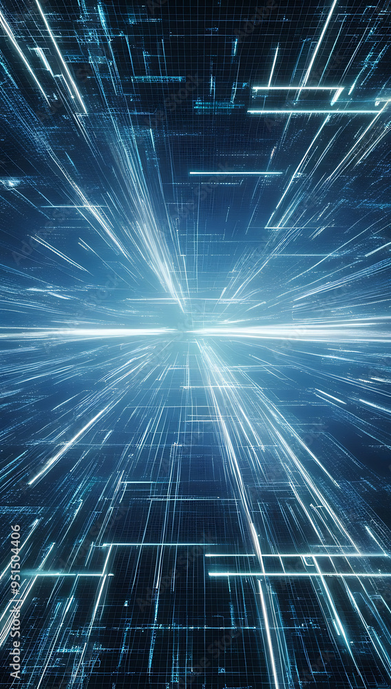 Poster dynamic abstract digital background with luminous lines radiating and vertical, black backdrop