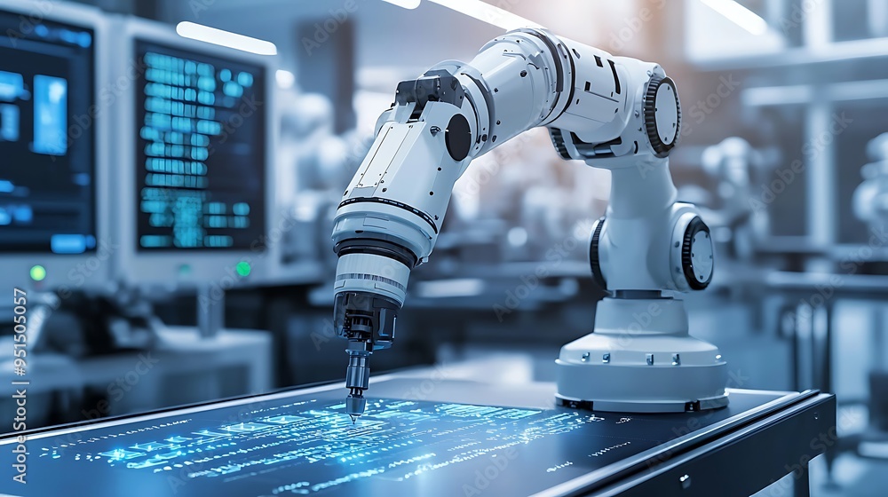 Poster a robotic arm works meticulously on a circuit board illuminated by blue lights, showcasing the futur