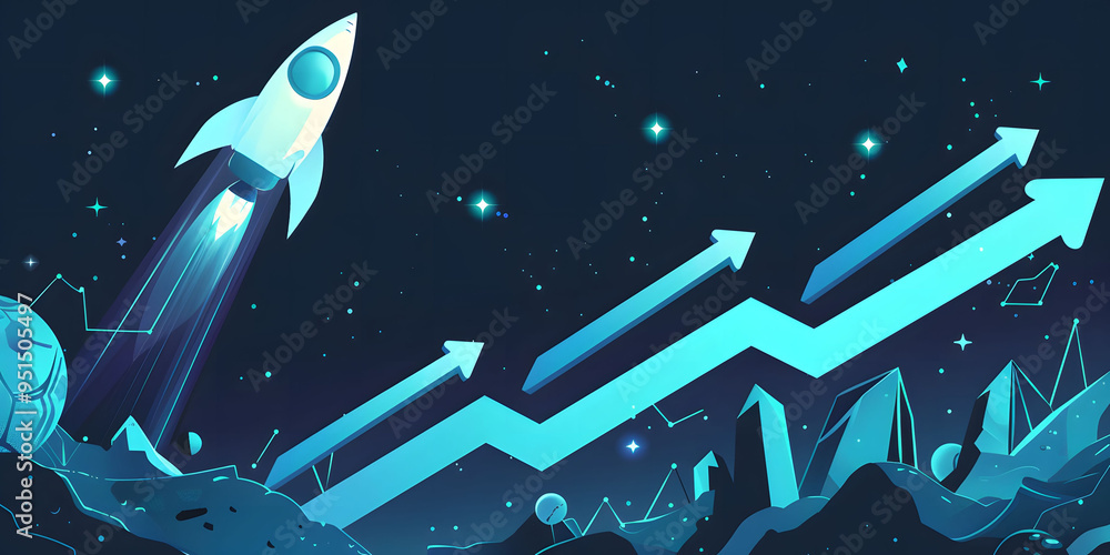 Poster abstract futuristic blue background with glowing arrows pointing upwards and a rocket taking off. ve