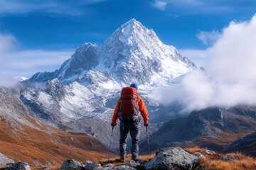 Fototapeta premium A hiker gazes at a majestic snow-capped mountain under a clear blue sky, embodying adventure and the beauty of nature.