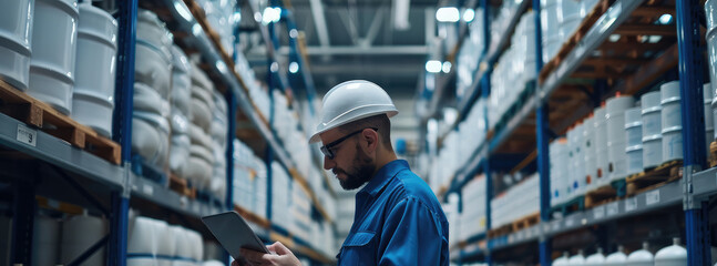 Chemical warehouse with barrels of toxic products. Storekeeper using tablet to manage inventory and ensure safe storage of hazardous materials. Generative AI.
