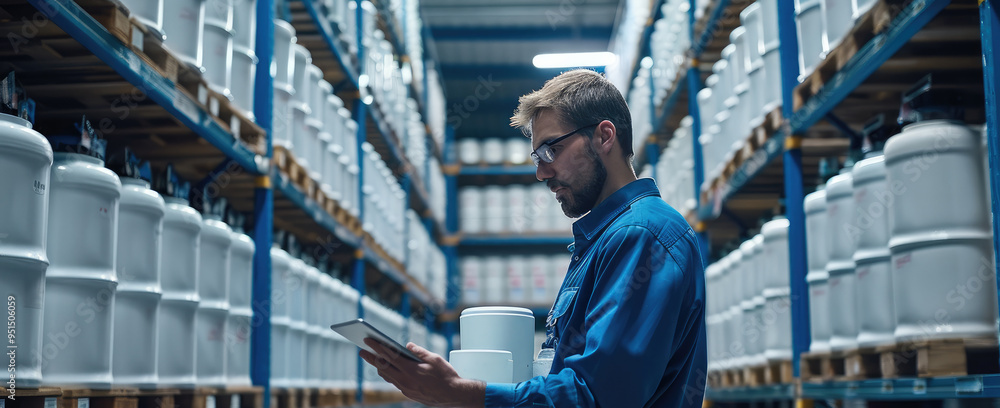 Poster chemical warehouse with barrels of toxic products. storekeeper using tablet to manage inventory and 
