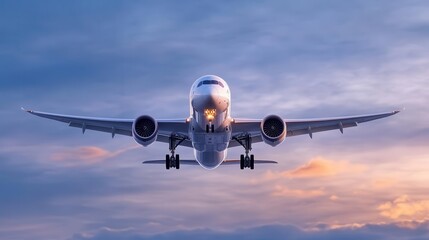 Naklejka premium A majestic airplane soaring through a vibrant sunset sky, showcasing its sleek design and powerful presence in the clouds.