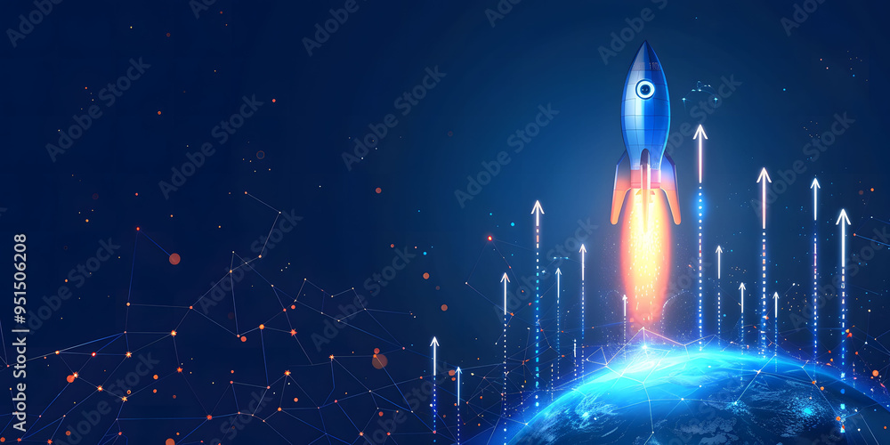 Wall mural abstract futuristic blue background with glowing arrows pointing upwards and a rocket taking off. ve