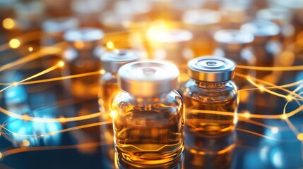 Illuminated Homeopathic Vials in Circular Arrangement with Vital Energy Flow Lines - Holistic Health Concept