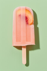 Enjoying a refreshing homemade peach ice cream popsicle on a sunny day, isolated on a green background 