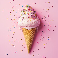 A pink ice cream cone melting on a light pink background, with colorful sprinkles scattered around