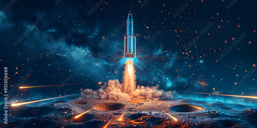 Poster abstract futuristic blue background with glowing arrows pointing upwards and a rocket taking off. ve