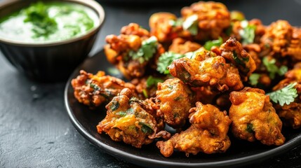Fototapeta premium A plate of crispy pakoras served with mint chutney, highlighting the crunchy texture and spicy flavors of this Indian snack.