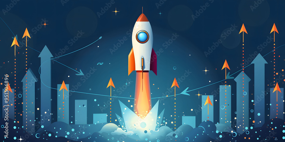 Poster abstract futuristic blue background with glowing arrows pointing upwards and a rocket taking off. ve
