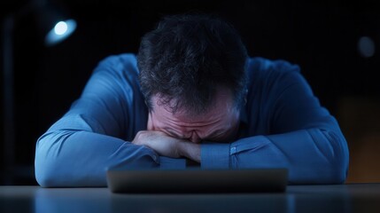 Obraz premium A man shows emotion with his head down on a desk, reflecting stress and fatigue in a dimly lit environment.