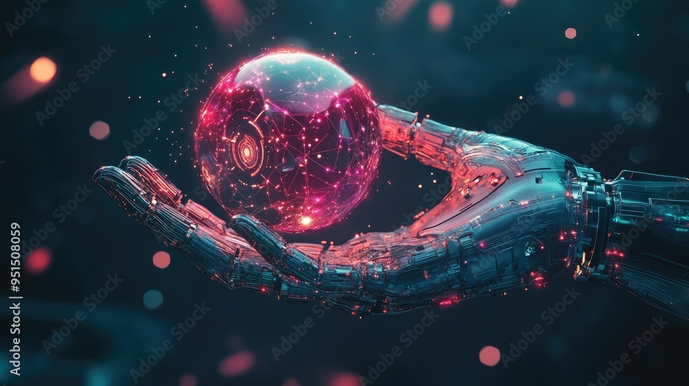 Poster a robotic hand delicately holding a glowing sphere representing artificial intelligence, with comple