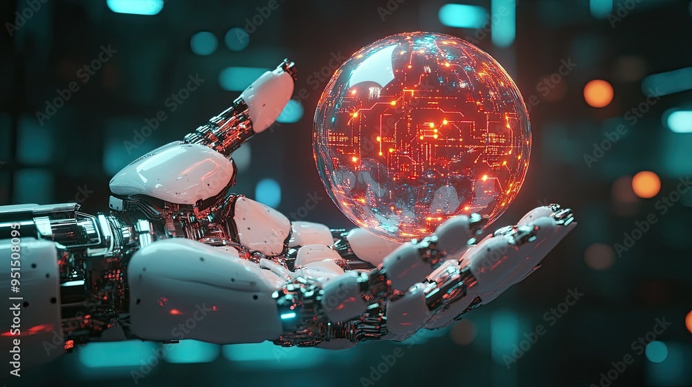 Poster a robotic hand delicately holding a glowing sphere representing artificial intelligence, with comple