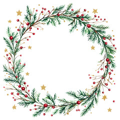A wreath of evergreen branches with red berries and gold stars. The wreath is circular and has a festive, celebratory feel
