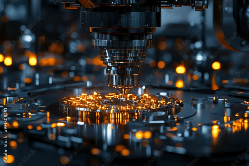 Poster close-up of a metallic industrial machine with a glowing circular element