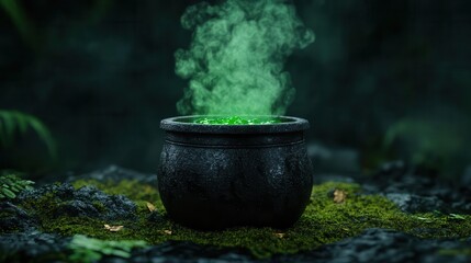 A mysterious cauldron emits green smoke in a dark forest, creating an enchanting and magical atmosphere for fantasy themes.