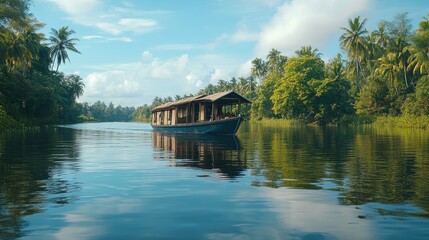 Obraz premium A scenic image of a houseboat cruising through the backwaters of Kerala, surrounded by lush greenery and calm waters, showcasing the natural beauty of South India.