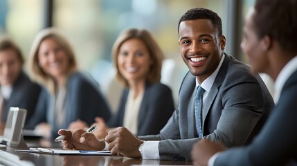 The boardroom buzzes with excitement as a group of businesspeople engages in a strategy meeting