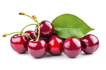 Cherry isolated. Fresh ripe cherries with leaves isolated on a white background.Sweet cherries pile. Berries and fruits. Vegan. Healthy eating with generative ai