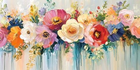 Obraz premium A detailed oil painting of colorful flowers adorning a wall, featuring abstract brushstroke techniques and hints of gold. This artwork adds a lively and dynamic touch to any space. 