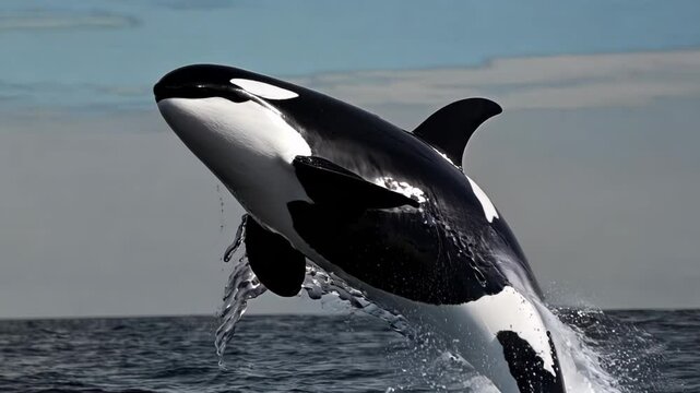 Orca breaches ocean surface in graceful arc. Slow-motion captures water droplets cascading off sleek body. 