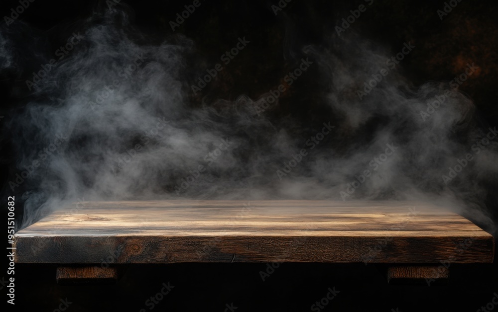 Poster empty wooden table top with a dark background and smoke for product display presentation mockup desi