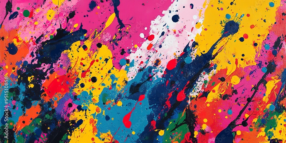 Poster a vibrant abstract painting of splattered paint in bold, contrasting colors, with a textured finish 